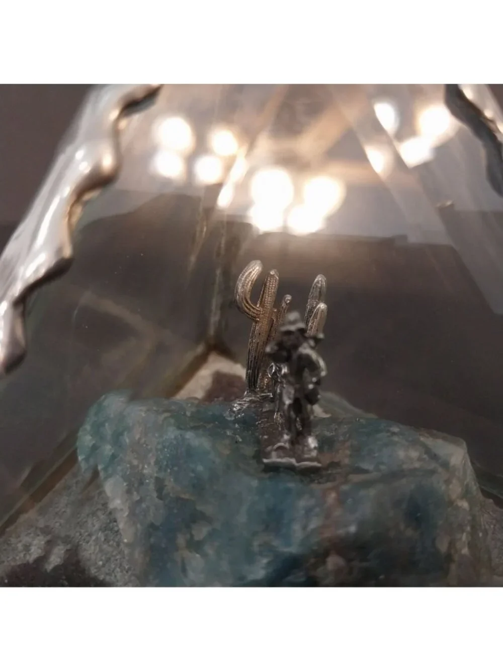Beveled Glass And Pewter Pyramid Shaped Diorama Gold Miner Cactus Mule Burro